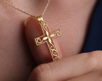 14K Gold Cross Necklace, Dainty Patterned Cross Necklace, Classic Crucifix Pendant, Christian Religious Jewelry, Mothers Day Gifts For Her