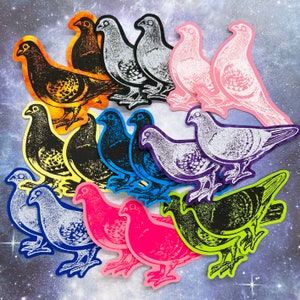 Puede incluir: Una colección de 13 figuritas de pájaros de cerámica de colores con varios patrones y diseños. Los pájaros están dispuestos en un patrón circular sobre un fondo azul oscuro con estrellas blancas.