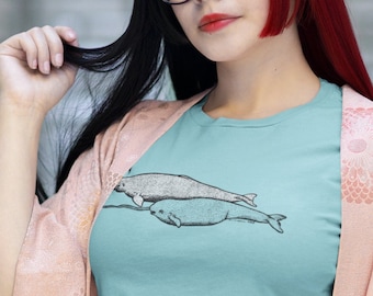 Beluga Narwhal Ocean Whale Unisex Adult Life Art T-Shirt Top Tee Sea Adventure Everyday Style Nature Lover Soft Coastal Drawing Perfect Gift