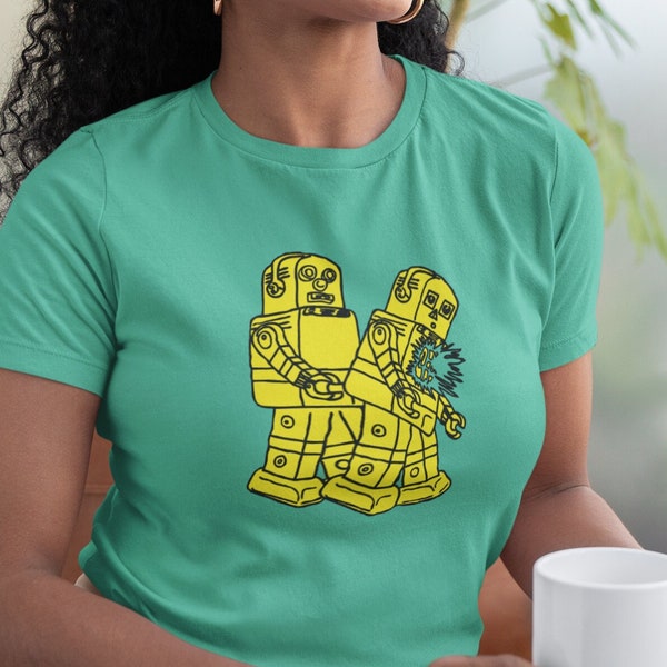 Partybots Vintage Tin Robots  Unisex Adult T-Shirt Nightlife Electric Boogie Party Shirt Wear Unique Great Gift Humorous Art Yellow Robot