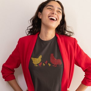 Geometric Chicken Unisex Adult T-shirt Family Artwork Bright Colored Tee Drawing Egg Farm Animal Countryside Farmhouse Barnyard  Country