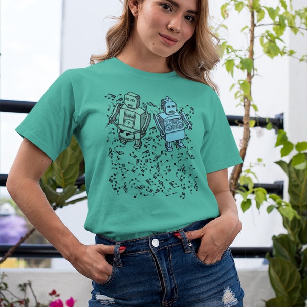 Music Robot Beat Bots Tin Vintage Robots Unisex Garment Dyed T Shirt Comfort Colors Musical Adventure Retro Design Unisex Wear Playful Shirt