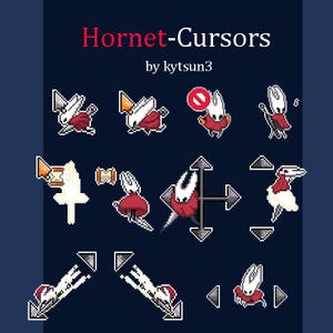 May include: A digital art graphic featuring various pixelated Hornet cursor designs. The cursors are in red, white, and gray, with different shapes and styles, including arrows, a cross, and Hornet character poses. The text "Hornet-Cursors by kytsun3" is at the top.