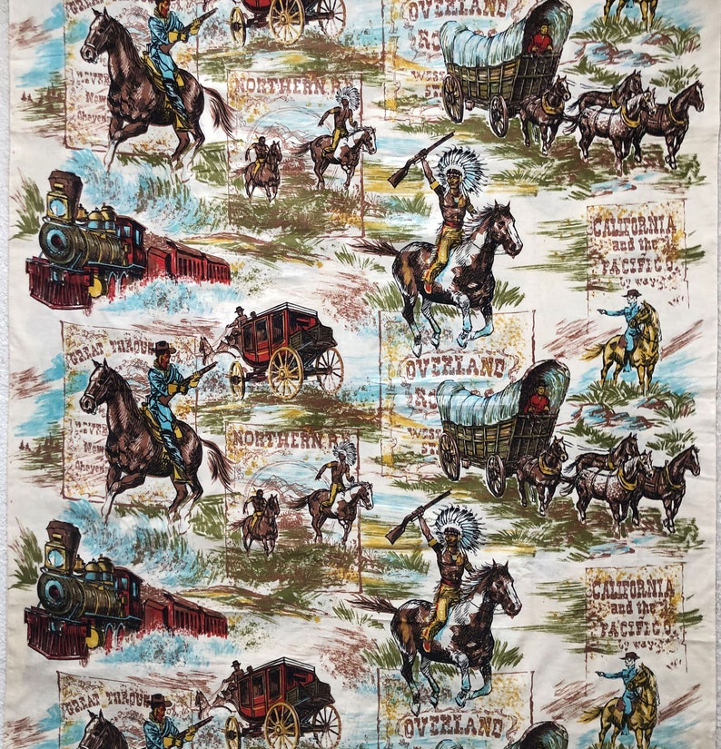 Vintage Cowboys Indians Covered Wagon Train Fabric Western. Etsy