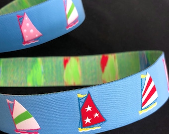 Blue Sailboats Woven Jacquard Ribbon Trim Nautical Sold by the Yard Douglas Paquette 1 1/8 inch