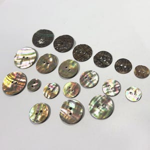 以下が含まれることがあります： さまざまなサイズのボタンのコレクション。イリデセント、真珠光沢、テクスチャード加工の表面があります。ボタンは茶色、グレー、緑の色合いで、縫い付け用の穴が2つまたは4つあります。明るい灰色の表面に配置されています。