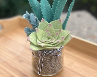 Felt succulent/Handcrafted Felt Succulents with Natural Elements in Upcycled Glass Jar/Succulent Pot/Succulents/Free Shipping/Eco-friendly