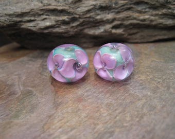 Encased floral round (bead pair) handmade glass beads