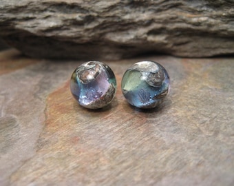Silvered river rock round (bead pair) handmade glass beads