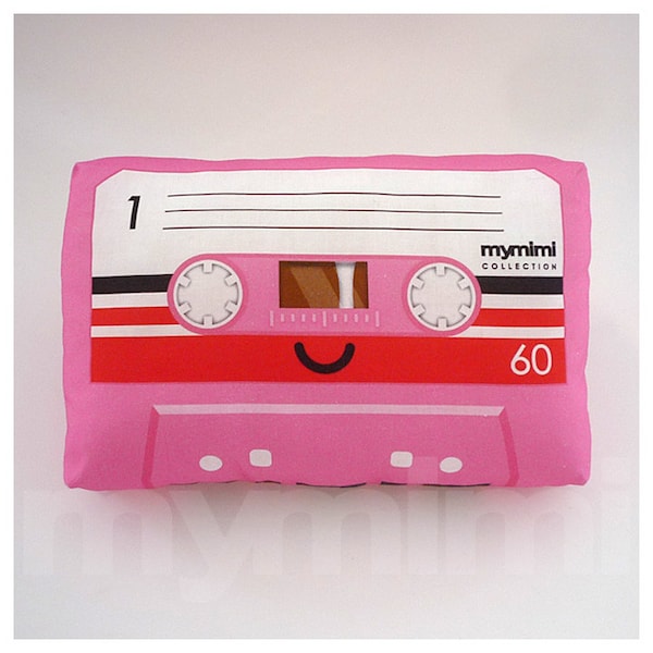 Cojín con forma de casete: Decoración retro rosa de los 80 (9x6")