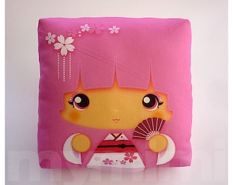 Kawaii Girl, Girls Pillow, Geisha Pillow, Pink Pillow, Japanese Kokeshi Doll, Kawaii Print, Throw Pillow, Girls Room Decor, Dorm, 7 x 7"