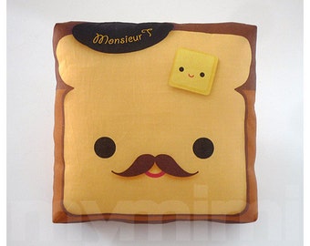 Decorative Pillow, Toast Pillow, French Toast, Breakfast, Mustache Pillow, Cushion, Throw Pillow, Kawaii Pillow, Room Decor, Toys, 7 x 7"