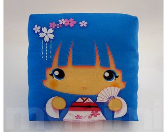 Kawaii Girl, Girls Pillow, Geisha Pillow, Blue Pillow, Japanese, Kokeshi Doll, Childrens Pillow, Throw Pillow, Girls Room Decor, 7 x 7"