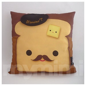 12 x 12&quot; Pillow, Brown Pillow, Food Pillow, Mustache Toast Pillow, Cotton Pillow, Kawaii Pillow, Kids Cushion, Decorative Pillow