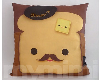 Cuscino Monsieur Toast: cuscino kawaii con cibo, decorazione per la cameretta dei bambini (30x30 cm)