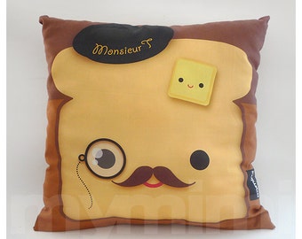 12 x 12" Decorative Pillow, Toast Pillow, French Toast, Breakfast, Mustache Pillow, Cotton Pillow, Throw Pillow, Kawaii Pillow, Kids Cushion