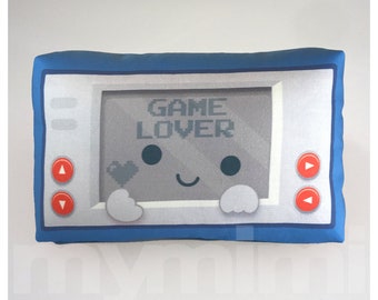 Decorative Pillow, Retro Blue Handheld Game, Vintage, Retro, Old School, 80's, Geekery, Room Decor, Dorm Decor, Toys, 9 x 6"