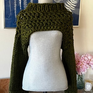 Bohemian Chunky Knit Shrug Sleeves Thick Green Wool Blend Pullover Cropped Mock Neck Sweater