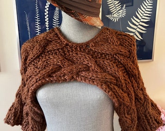 Knit Cropped Cable Shrug Sweater Sleeves Rust Chunky Recycled Yarn 3/4 Sleeves Pullover Wool-Free Bolero Hand Knit US Small Medium
