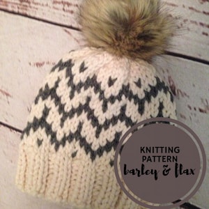 KNITTING PATTERN Fair Isle Barley Chunky  Chevron Pompom Chunky Knit Ski Hat PDF Instant Digital Download Bulky Knit Patterns for Women