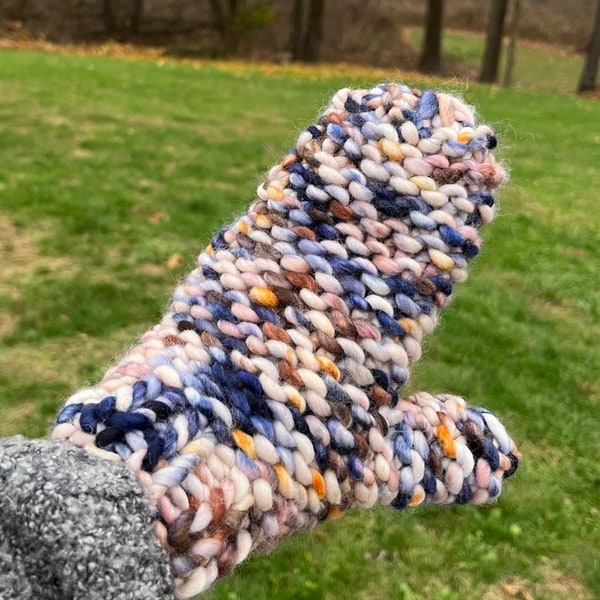 Chunky Hand Knit Wool Mittens Pink Copper Blush Blue Cozy Soft Bulky Knitted Winter Mittens