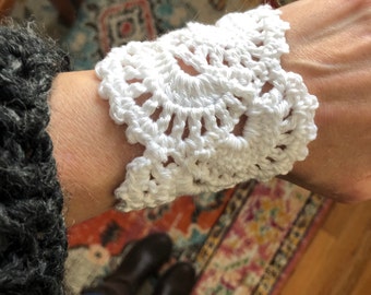 Boho Crochet Cuff Bracelet White Cotton and Linen Crocheted Lace Toggle Button Fiber Jewelry