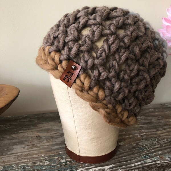 Brown Gray Caramel Chunky Big Crochet Hat 100% Peruvian Wool Beanie Soft Striped Bulky Crocheted Toque Zero Waste