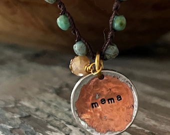 Dainty Mama Necklace Aqua Green Beaded Boho Crochet Layering Necklace Hand Stamped Penny Pendant Faceted Czech Beads Hook and Eye Closure