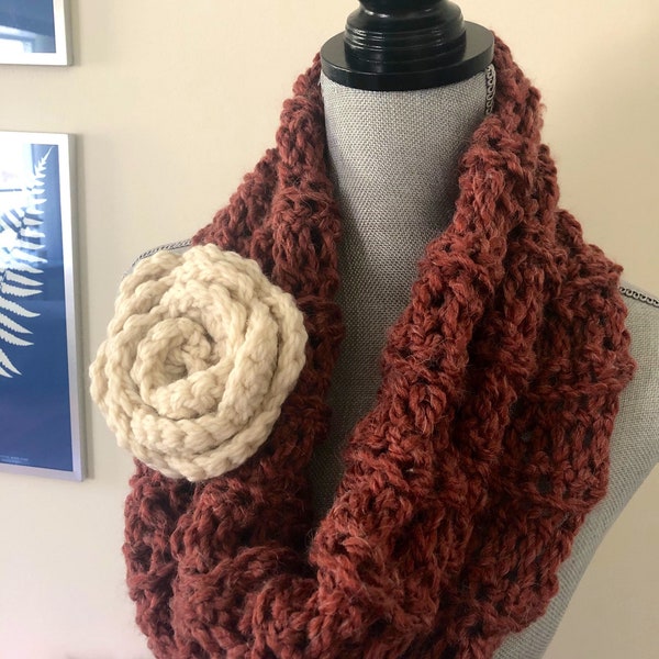 Chunky Crochet Cinnamon Sugar Cowl Endless Loop Scarf Neck Warmer Snood with Removable Large Cream Crochet Flower Statement Brooch Corsage