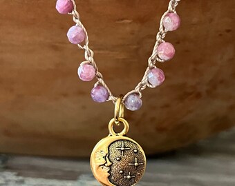 Beaded Boho Crochet Bead Necklace Pink Tourmaline Faceted Gemstone Beads and Reversible Moon Stars and Crystal Burst Pendant