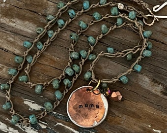 Dainty Mama Necklace Pale Aqua Green Beaded Boho Crochet and Hand Stamped Penny Pendant Spotted Picasso Glass Beads Hook and Eye Closure