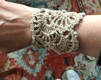 Crocheted Cotton Linen Boho Cuff Bracelet Lace Crochet Toggle Button Fiber Bracelet