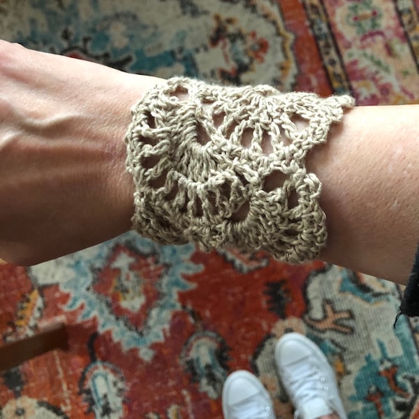 Crocheted Cotton Linen Boho Cuff Bracelet Lace Crochet Toggle Button Fiber Bracelet