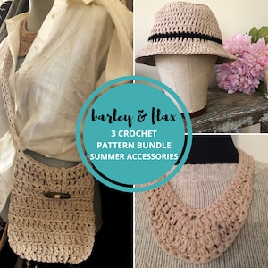 Crochet Pattern Bundle - 3 Patterns Boho Bucket Hat Wander Crossbody Bag Ocean Breeze Necklace Chunky Crochet Instant Download