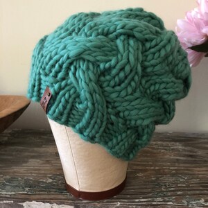 Beach Glass Green 100% Peruvian Wool Chunky Aran Cable Soft Hand Knit Hat Bulky Knitted Toque