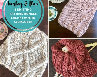 KNITTING PATTERN Bundle Team Turtleneck Dickie Cowl Chloe Slouchy Cable Hat Diamond Cable Crush Toque 3 Bulky Knit Patterns for Women