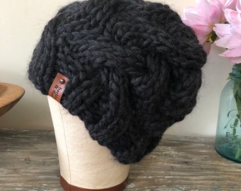 Charcoal Gray 100% Peruvian Wool Chunky Aran Cable Soft Hand Knit Hat Bulky Knitted Toque