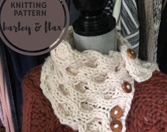 KNITTING PATTERN Aran Cable Cowl Honey Twist Neck Warmer PDF Chunky Knitted Cabled Neckwarmer with Buttons Instructions Instant Download