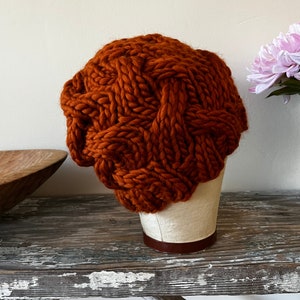 Rust Wool Chunky Aran Cable Hand Knit Hat Bulky 100% Luxury Peruvian Wool Beanie Bulky Cinnamon Knitted Toque