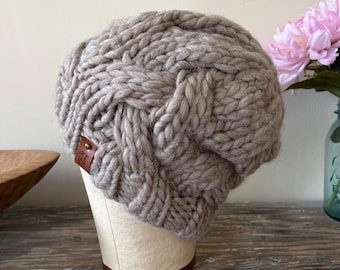 Pale Latte Wool Chunky Aran Cable Hand Knit Hat Bulky 100% Luxury Peruvian Wool Beanie Bulky Knitted Toque