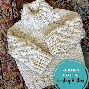 Könnte beinhalten: Cremefarbener Strickpullover mit geripptem Rollkragen und Zopfstrickärmeln. Der Pullover ist handgefertigt und hat eine lockere Passform. Ein türkisfarbener Kreis mit dem Text "Knitting Pattern barley & flax" befindet sich unten rechts.