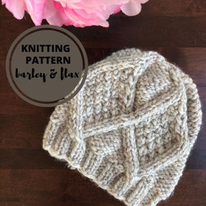 May include: Knitting pattern for a beige hat with a cable knit design. The pattern is called "barley & flax".