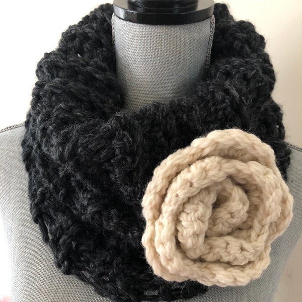 Charcoal Gray Chunky Tweed Cowl Endless Loop Scarf Neck Warmer with Removable Large Crochet Flower Statement Brooch Corsage Pin