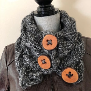 Handmade Chunky Knit Cowl: Marled Gray Cable, Reclaimed Wood Buttons
