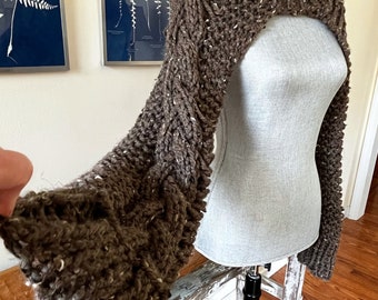 Knit Shrug Cropped Bolero Cable Sweater Chunky Long Sleeve Dropped Stitch Crewneck Chocolate Brown Tweed Wool Blend Pullover