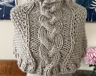 Bohemian Chunky Knit Poncho Pale Cement Wool Blend Knitted Cape Aran Braided Cable Mock Neck Capelet Wrap Wool-Free Recycled Polyester