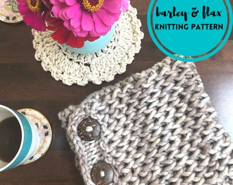 May include: A close-up of a knitted cowl with a beige and white color gradient. The cowl has three wooden buttons. The text "barley & flax knitting pattern" is in a circle on a turquoise background.