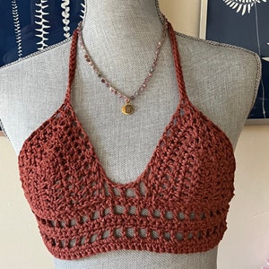 Boho Crochet Bralette Rust Halter Top Recycled Yarn Adjustable Ties Crocheted Bohemian Bra