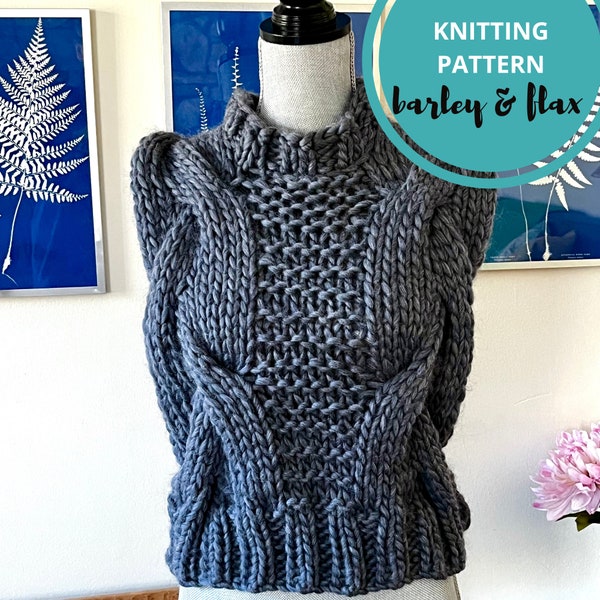 KNITTING PATTERN Warrior Slipover Cable Vest Bulky Boho Cabled Pullover with Side Laces Ties PDF Instructions Instant Digital Download