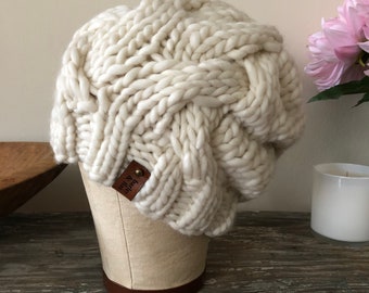 Cream Wool Chunky Aran Cable Hand Knit Hat Bulky 100% Luxury Peruvian Wool Beanie Bulky Knitted Toque